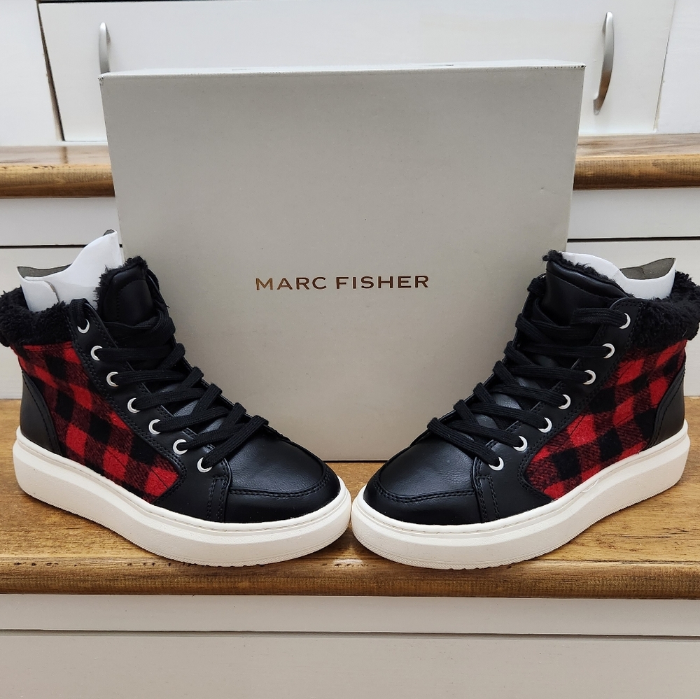 Marc Fisher Red and Black Buffalo Plaid High Top Sneakers